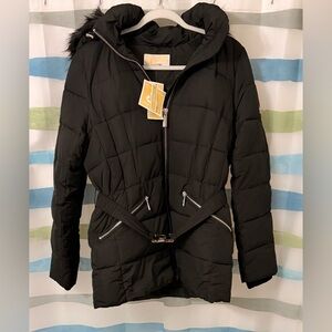 Michael Kors Woman’s Belted Hooded Faux Fur-Collar Puffer Coat Black Size:M (R11